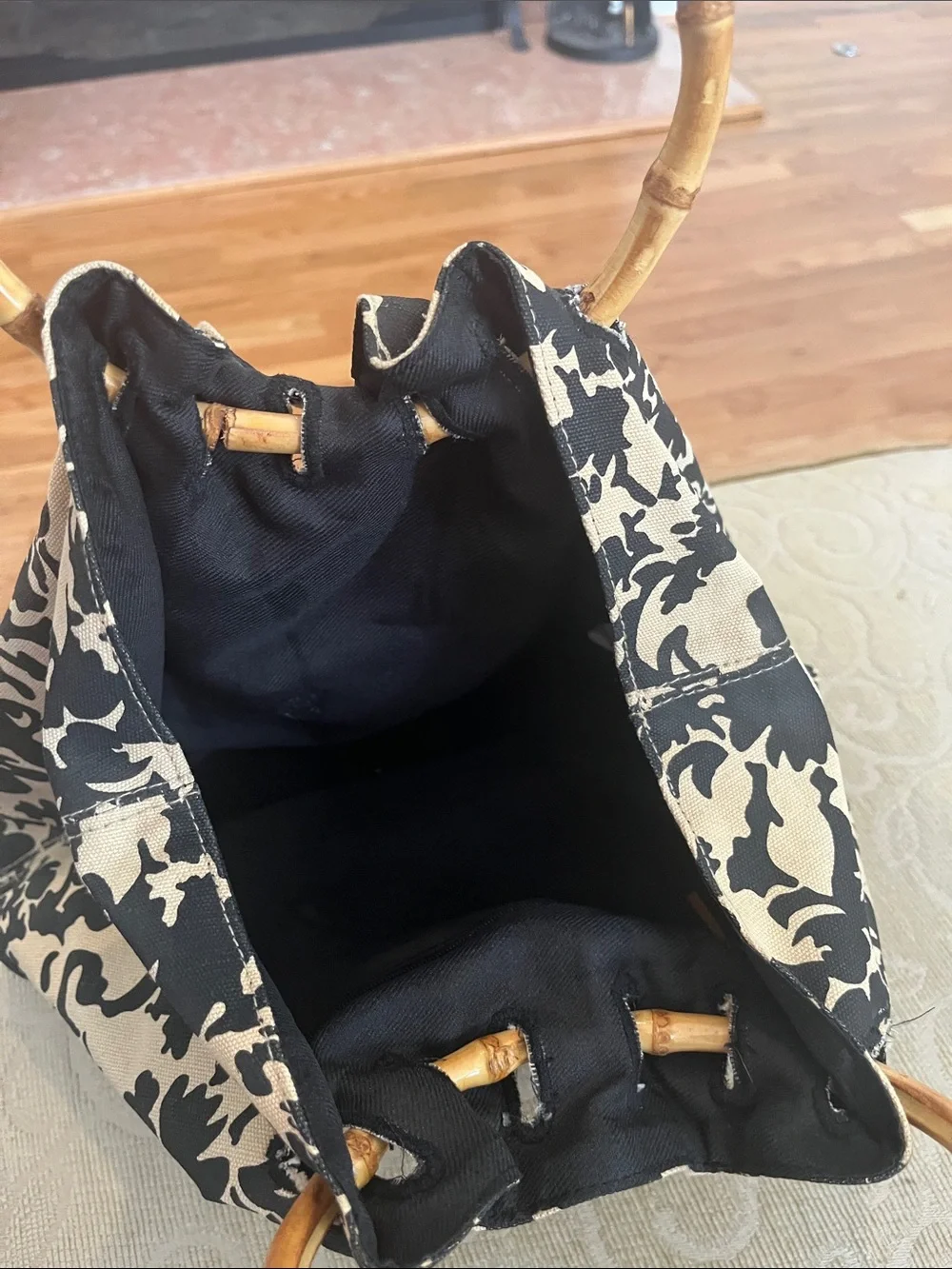 Black and Cream Floral Bamboo-Handle Tote Bag/Purse 100% Cotton